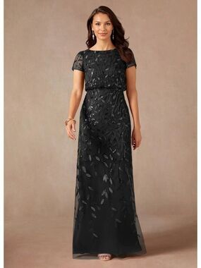HY Women’s Black Embroidered Sequined Short Sleeve Maxi Dress Size 10